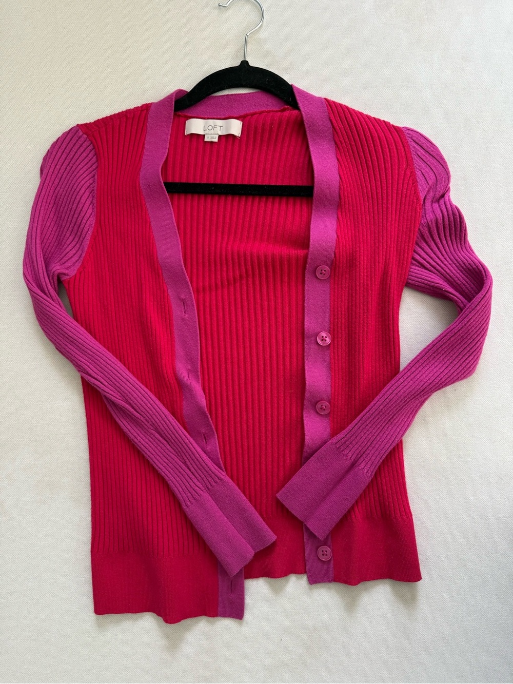 LOFT Two-Tone Pink & Fuchsia Ribbed Button Cardigan